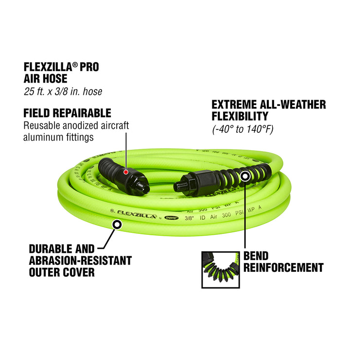 FlexZilla HFZP3825YW2 Pro Air Hose, 3/8" x 25', 1/4" MNPT Fittings