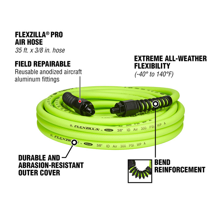 FlexZilla HFZP3835YW2 Pro Air Hose, 3/8" x 35', 1/4" MNPT Fittings