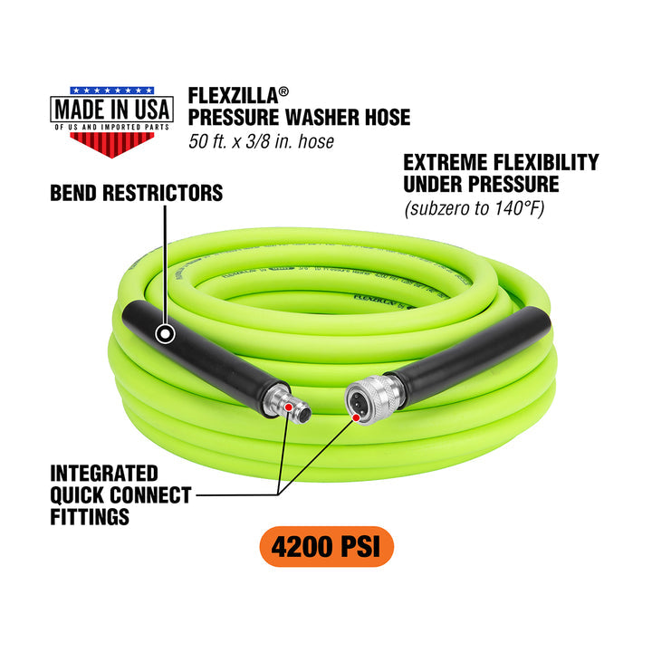 FlexZilla HFZPW426050Q Pressure Washer Hose, 3/8" x 50’, 4200PSI, Integrated Quick Connect Fittings