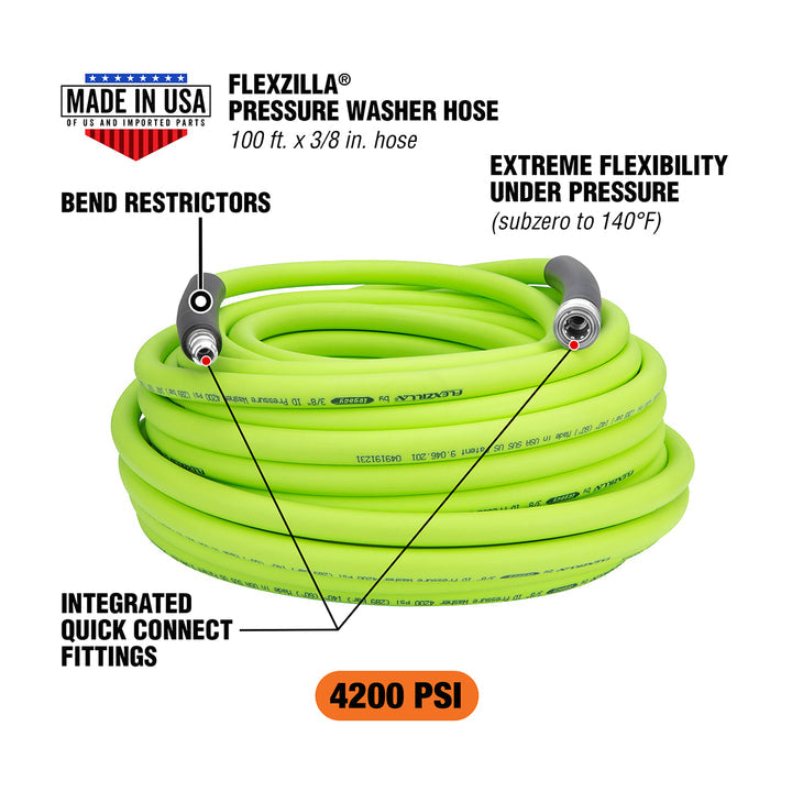 FlexZilla HFZPW426100Q Pressure Washer Hose, 3/8" x 100’, 4200PSI, Integrated Quick Connect Fittings