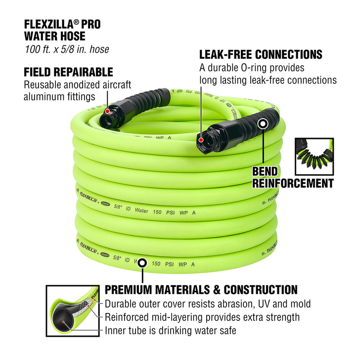 FlexZilla HFZWP5100 Pro Water Hose, 5/8" x 100', 3/4" - 11 1/2 GHT Fittings