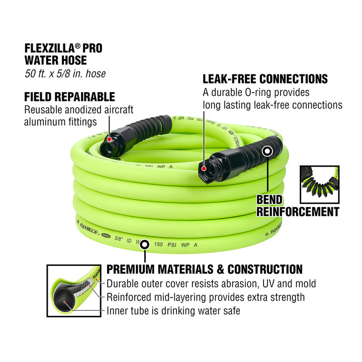 FlexZilla HFZWP550 Pro Water Hose, 5/8" x 50', 3/4" - 11 1/2 GHT Fittings