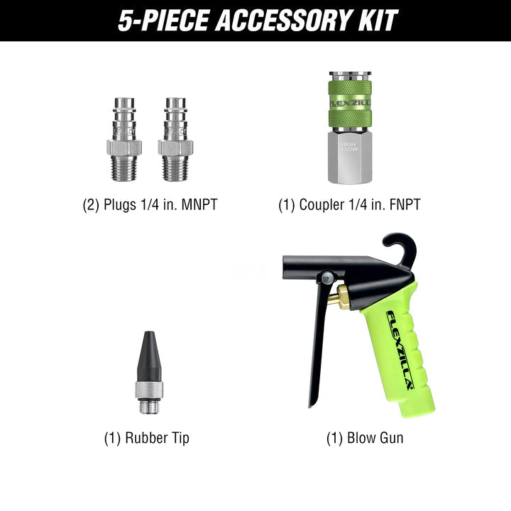 FlexZilla HGH7-FZ Truck Tire Inflator Kit, 6-Piece, 3/8 in. x 60 ft., Blow Gun with Rubber Tip, Pro High Flow Coupler and Plugs, 30° Dual Air Chuck, and Glad Hand