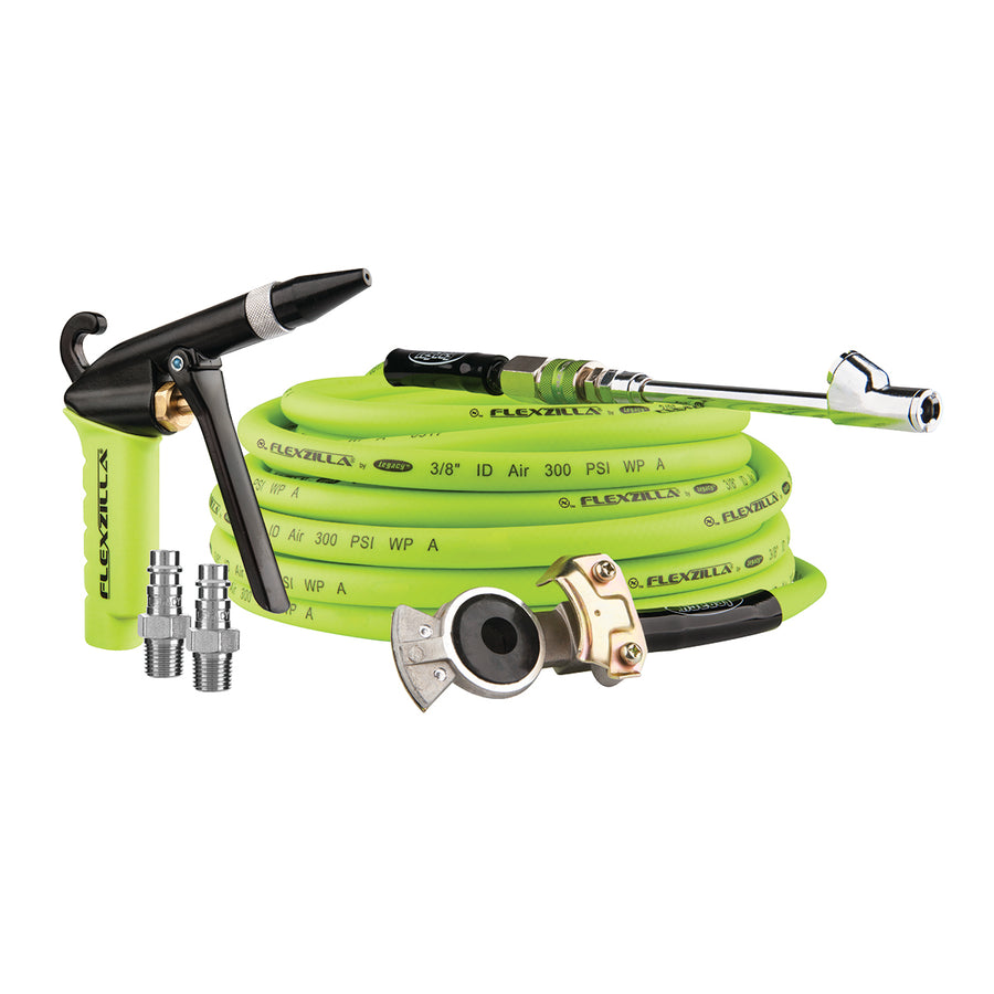 FlexZilla HGH7-FZ Truck Tire Inflator Kit, 6-Piece, 3/8 in. x 60 ft., Blow Gun with Rubber Tip, Pro High Flow Coupler and Plugs, 30° Dual Air Chuck, and Glad Hand