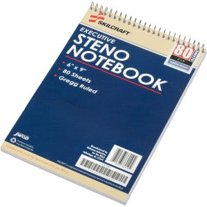 AbilityOne 7530002237939 SKILCRAFT Executive Steno Notebooks - 80 Sheets - Spiral - 0.38" Ruled - Gregg Ruled - 15 lb Basis Weight - 6" x 9" - White Paper - Chlorine-free, Durable Cover - 12 / Pack