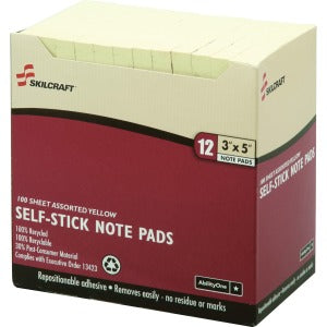 AbilityOne 7530011167865 SKILCRAFT Self-Stick Note Pad - 3" x 5" - Yellow - Paper - 12 / Pack