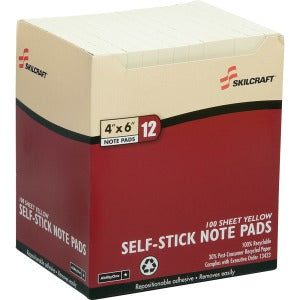 AbilityOne 7530012733755 SKILCRAFT Self-Stick Note Pad - 4" x 6" - Yellow - Paper - 12 / Pack