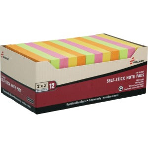 AbilityOne 7530013930103 SKILCRAFT Self-Stick Neon Note Pad - Self-adhesive - 2" x 3" - Lemon, Lime, Pink - Paper - 12 / Pack