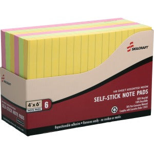 AbilityOne 7530014181212 SKILCRAFT Self-Stick Neon Note Pad - Self-adhesive - 4" x 6" - Lemon, Lime, Melon, Pink - Paper - 6 / Pack