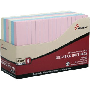 AbilityOne 7530014560684 SKILCRAFT Self-Stick Pastel Note Pad - Self-adhesive - 4" x 6" - Assorted, Pink, Yellow - Paper - 6 / Pack