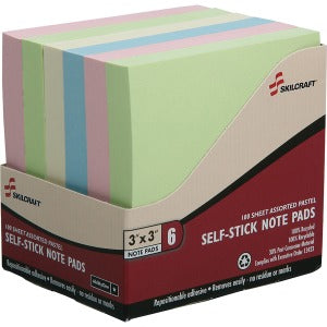 AbilityOne 7530014562249 SKILCRAFT Self-Stick Pastel Note Pad - Self-adhesive - 3" x 3" - Blue, Green, Pink, Yellow - Paper - 6 / Pack