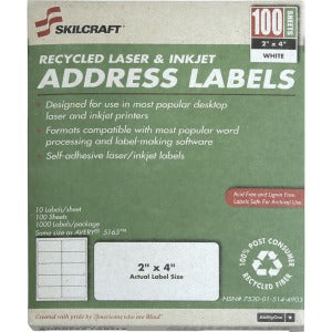 AbilityOne 7530015144903 SKILCRAFT Laser Shipping Label - 2" Width x 4" Length - 10 / Sheet - Rectangle - Laser, Inkjet - White - 1 / Box
