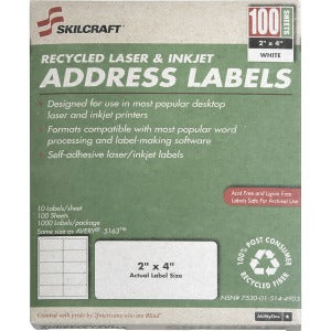 AbilityOne 7530015144904 SKILCRAFT Permanent Laser Address Label - Permanent Adhesive - 2.63" Width x 1" Length - 30 / Sheet - Rectangle - Laser, Inkjet - White - 1 / Box