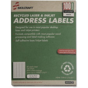 AbilityOne 7530015144911 SKILCRAFT Address Label - 1.75" Width x 0.5" Length - 100 / Box - Rectangle - Laser, Inkjet - Bright White