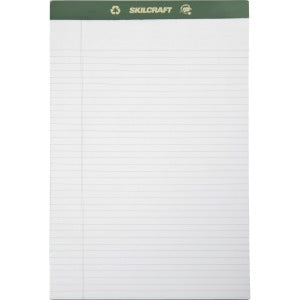 AbilityOne 7530015169626 SKILCRAFT Perforated Chlorine Free Writing Pad - 50 Sheets - Tape Bound - 0.31" Ruled - 20 lb Basis Weight - Legal 8 1/2" x 14" - White Paper - Green Binder - Back Board, Perforated, Leatherette Head Strip, Chlorine-free - 1Dozen