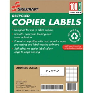 AbilityOne 7530010864518 SKILCRAFT Recycled Copier Label - Removable Adhesive - 1" Width x 2.81" Length - 33 / Sheet - Rectangle - Inkjet, Laser - Bright White - 3300 / Box
