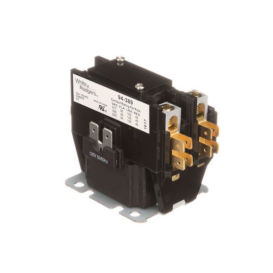 White Rodgers 94-389 1 Pole Contactor, 120 VAC Coil, 50/60 Hz, 30 Amp Contacts. Coil Data: 420 Ohms DC Resistance, 42 mA