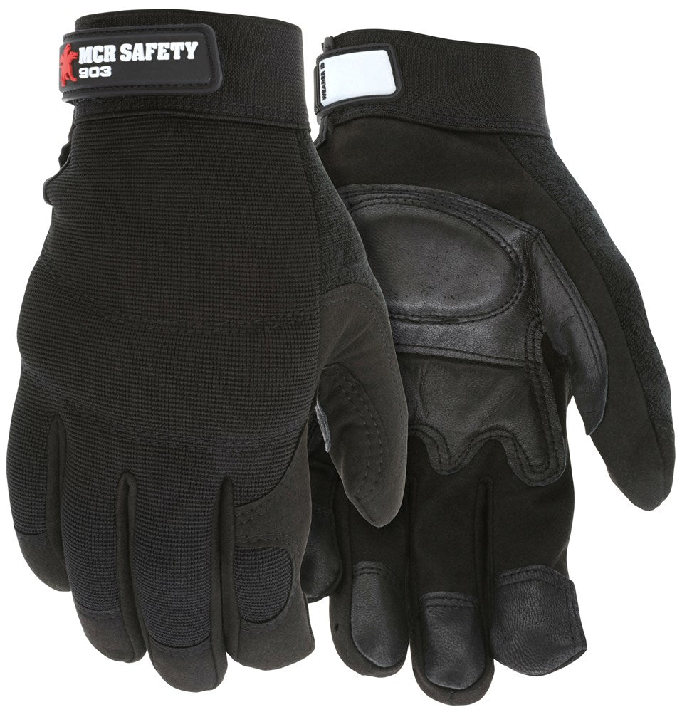 MCR Safety 903M MCR Safety Mechanics Gloves Grain Goatskin Palm with Foam Padding Adjustable Hook and Loop Wrist Closure (1 Pair)