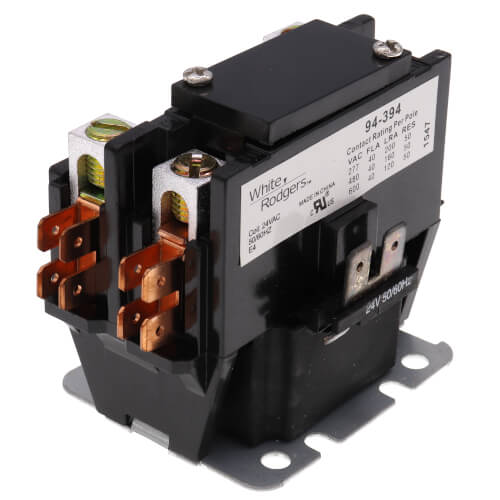 White Rodgers 94-394 1 Pole Contactor, 24 VAC Coil, 50/60 Hz, 40 Amp Contacts. Coil Data: 16.5 Ohms DC Resistance, 208 mA