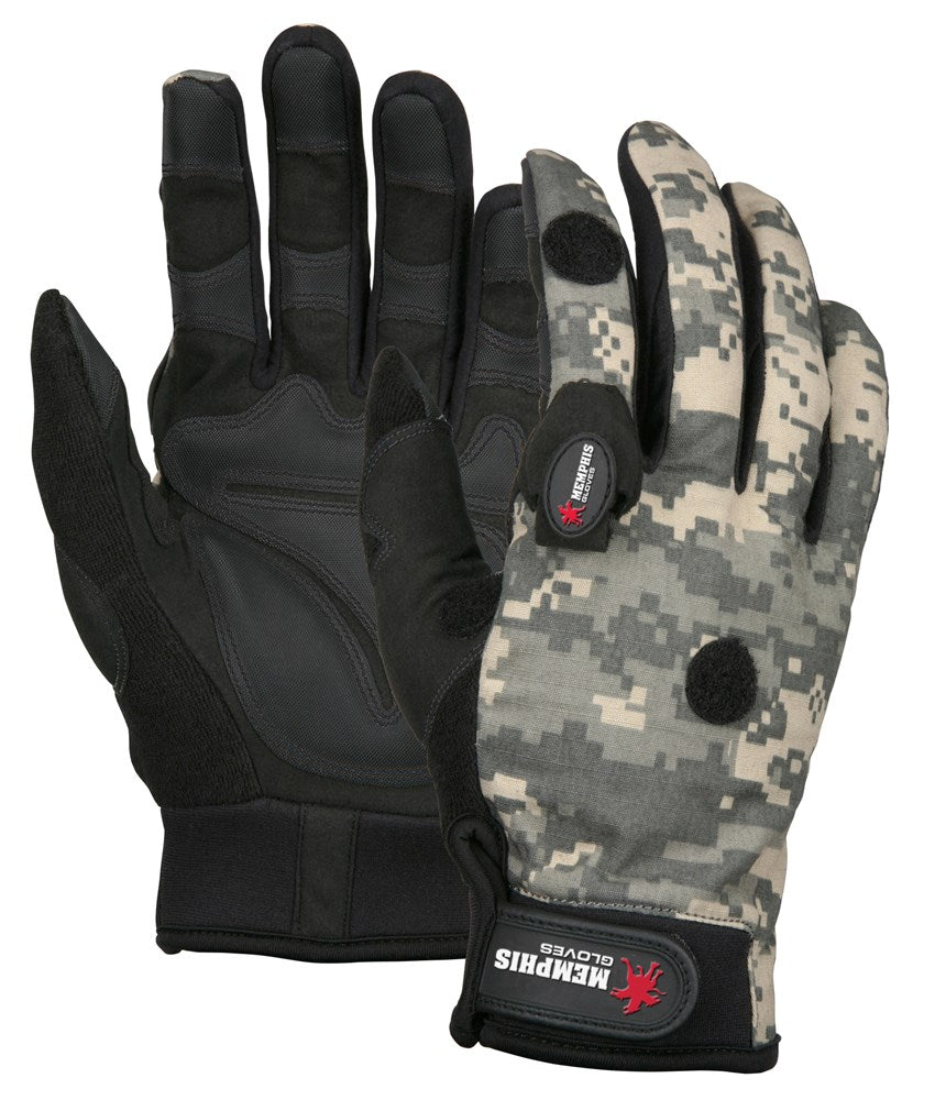 MCR Safety 924WWM Memphis Mechanics Gloves Black Synthetic Palm with Padding Camo Pattern, Two LED Lights (1 Pair)