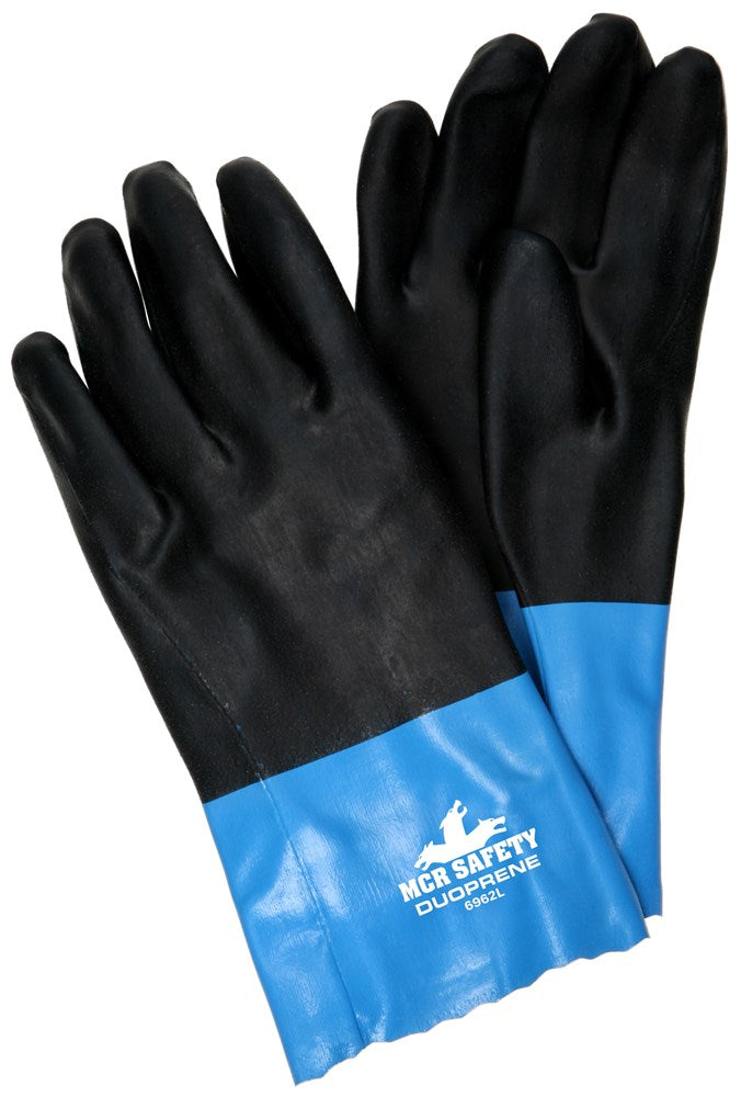 MCR Safety 6962L MCR Safety Duoprene® Black on Blue Neoprene Coated Work Gloves Double Dipped Sandy Neoprene 12 Inch Length Fully Coated Brushed Interlock Liner (1 DZ)