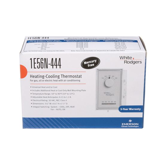 White Rodgers 1E56N-444 Single Stage Mechanical Thermostat, Vertical, Mercury Free (1H/1C)