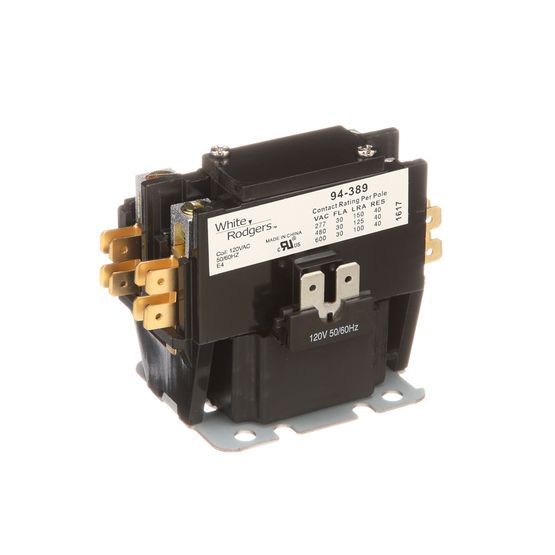 White Rodgers 94-389 1 Pole Contactor, 120 VAC Coil, 50/60 Hz, 30 Amp Contacts. Coil Data: 420 Ohms DC Resistance, 42 mA