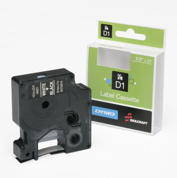 AbilityOne 7510016576748 DYMO SKILCRAFT LABEL CARTRIDGE WHITE ON BLACK 1/2
