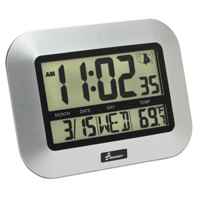 AbilityOne 6645-01-661-1877 SKILCRAFT LCD Digital Radio-Controlled Clock, 7.25" x 9.75", Silver, Wall/Desktop, 12/24-Hour, Temp Display (2 AAA)