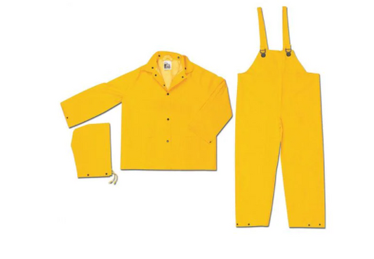 MCR Safety 2003FM Classic Series Rain Gear .35mm PVC / Polyester Material 3 Piece Waterproof Yellow Rain Suit Rain Jacket, Detachable Hood and Bib Pants (1 EA)