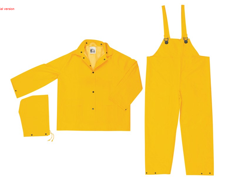 MCR Safety 2003FX8 Classic Series Rain Gear .35mm PVC / Polyester Material 3 Piece Waterproof Yellow Rain Suit Rain Jacket, Detachable Hood and Bib Pants (1 EA)