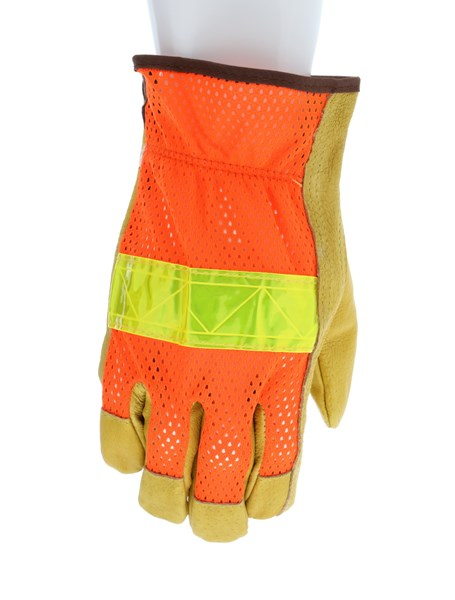 MCR Safety 34111L Luminator® Hi-Visibility Gloves Leather Drivers Work Gloves Premium Grade Grain Pigskin Breathable Mesh Back Fluorescent Lime Reflective Stripe (1 DZ)