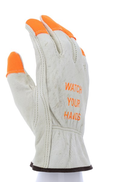 MCR Safety 3413HVIL Leather Drivers Work Gloves CV Grade Grain Pigskin Orange Fingertips and Watch Your Hands Logo Keystone Thumb (1 DZ)