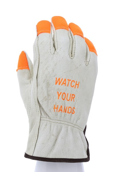 MCR Safety 3413HVIM Leather Drivers Work Gloves CV Grade Grain Pigskin Orange Fingertips and Watch Your Hands Logo Keystone Thumb (1 DZ)