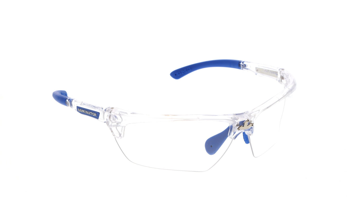 MCR Safety DM1320PF Dominator™ DM3 Series Clear MAX6® Lenses - Anti-Fog Safety Glasses Clear Frame Color with Blue Temples Adjustable Wire Core Temples and Nose Piece (1 Pair)