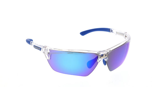 MCR Safety DM1328B Dominator™ DM3 Series Safety Glasses with Blue Diamond Mirror Lenses Clear Frame Color with Blue Temples Adjustable Wire Core Temples and Nose Piece (1 Pair)