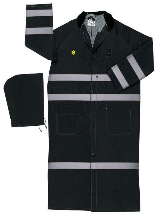 MCR Safety FR267CRL Classic Plus Series Reflective Rain Gear .35mm PVC / Polyester Material Waterproof Ankle Length Black Raincoat Detachable Hood and Corduroy Collar Limited Flammability (1 EA)