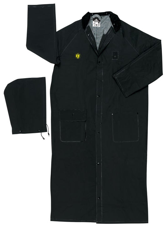 MCR Safety FR267CXL Classic Plus Series Rain Gear .35mm PVC / Polyester Material Waterproof Ankle Length Black Raincoat Detachable Hood and Corduroy Collar Limited Flammability (1 EA)