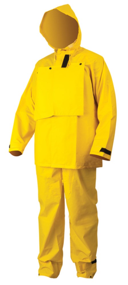 MCR Safety FRHBS100L Hydroblast Series Rain Gear .35mm Yellow PVC / Polyester Rain Wear 2 Piece Hydroblasting Rain Suit Rain Jacket,  Attached Hood and Bib Pants (1 EA)