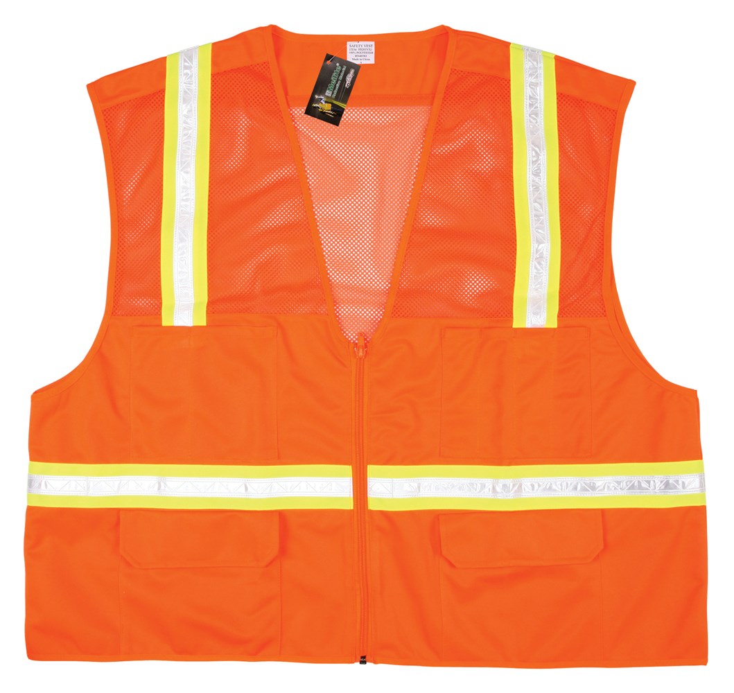 MCR Safety HS201VM Orange Safety Vest, Upper Torso Mesh 1¾ Inch White Lime Reflective Stripes Safety Vest with 6 Pockets Zipper Front, Non-ANSI Rated (1 EA)