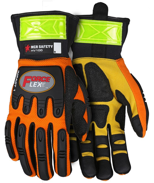 MCR Safety HV100M ForceFlex® Mechanics Gloves, Padded Palm Reinforced with Rough Kevlar® Extended Neoprene Slip-On Cuff Reflective Stripes for Low Light Environments TPR Back for Metacarpal Protection (1 Pair)