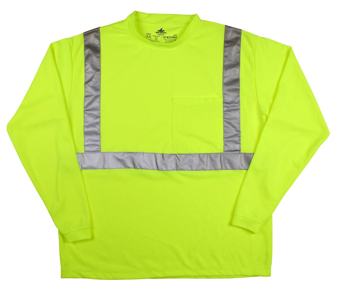 MCR Safety LTSCL2LX2 Luminator® Series Hi Vis Safety Work T-Shirts Soft Polyester Jersey Knit Fabric Long Sleeve and Tagless Design ANSI 107 Type R Class 2 (1 EA)