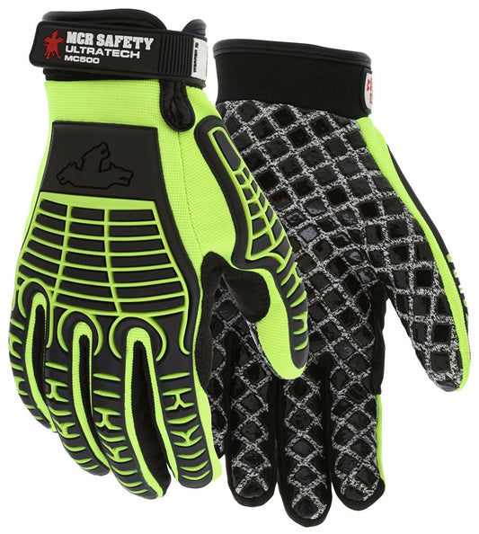 MCR Safety MC500S MCR Safety UltraTech® Mechanics Gloves Hi-Visibility Cut and Abrasion-Resistant Gloves 10-Gauge HPPE/Synthetic Brushed Nylon Silicone Palm Blocks and TPR Cage Back (1 Pair)