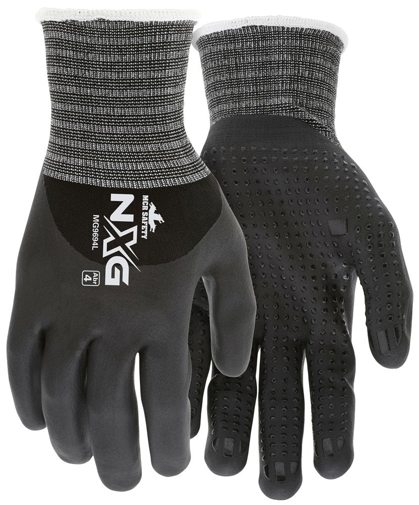 MCR Safety MG9694L MCR Safety NXG® Work Gloves 15 Gauge Nylon Spandex Shell Bi-Polymer Coated Palm, Fingers, and Over Knuckles Nitrile Dotted Palm (1 DZ)