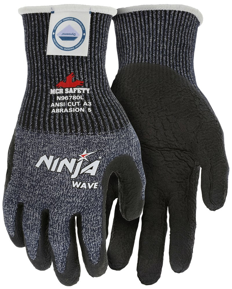 MCR Safety N96780L MCR Safety Cut Pro® Ninja® Wave Cut Resistant Work Gloves 13 Gauge Dyneema® Diamond Technology Nitrile Wave Coated Palm and Fingertips (1 Pair)