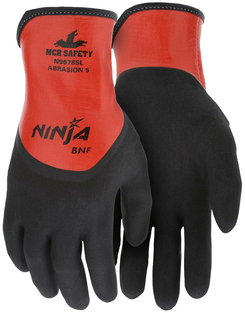 MCR Safety N96785L Ninja® BNF Work Gloves 18 Gauge Nylon / Spandex Shell Fully Coated with Red Flat Nitrile Black Over Knuckle Breathable Nitrile Foam with NFT® (1 DZ)