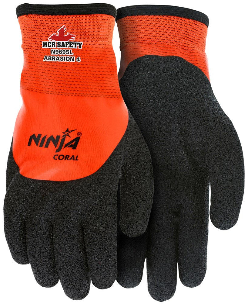 MCR Safety N9695XXL Ninja® Coral Work Gloves 15-Gauge Orange Nylon Shell Fully Coated with Clear PVC 7-Gauge Acrylic Terry Interior Rough Black Coral Over-the-Knuckle Outer Dip (1 DZ)