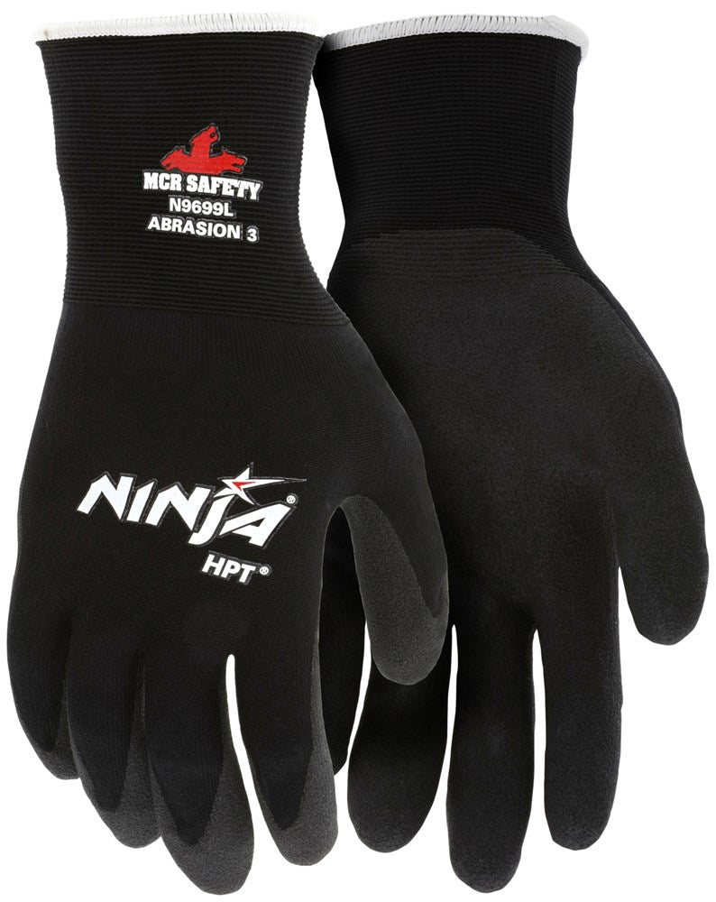 MCR Safety N9699L Ninja® HPT Work Gloves 15 Gauge Black Nylon Shell HPT Coated Palm and Fingertips (1 DZ)