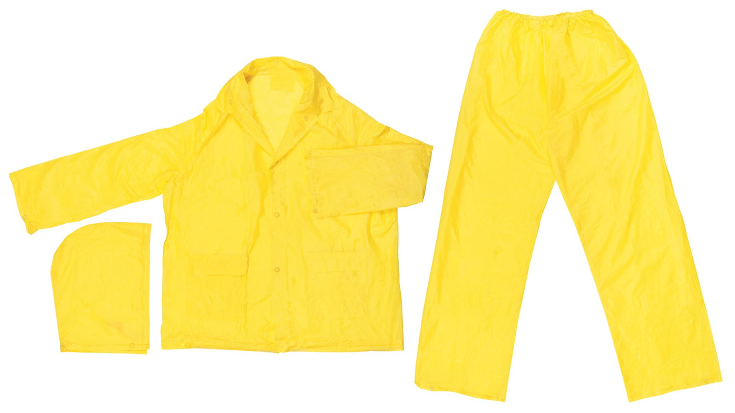 MCR Safety O503L Zodiac Series Lightweight Rain Gear .10mm Single Ply PVC Rainwear 3 Piece Waterproof Yellow Rain Suit Rain Jacket, Detachable Hood and Bib Pants (1 EA)