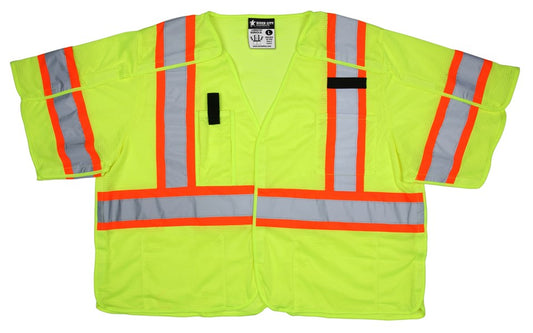 MCR Safety SURVCL3LX4 Luminator® Series Hi-Vis Reflective Lime Safety Vest ANSI/ISEA 107 2020 Type R Class 3 Mesh Fabric with 3-Inch Orange Silver Stripes Hook and Loop Front Closure (1 EA)